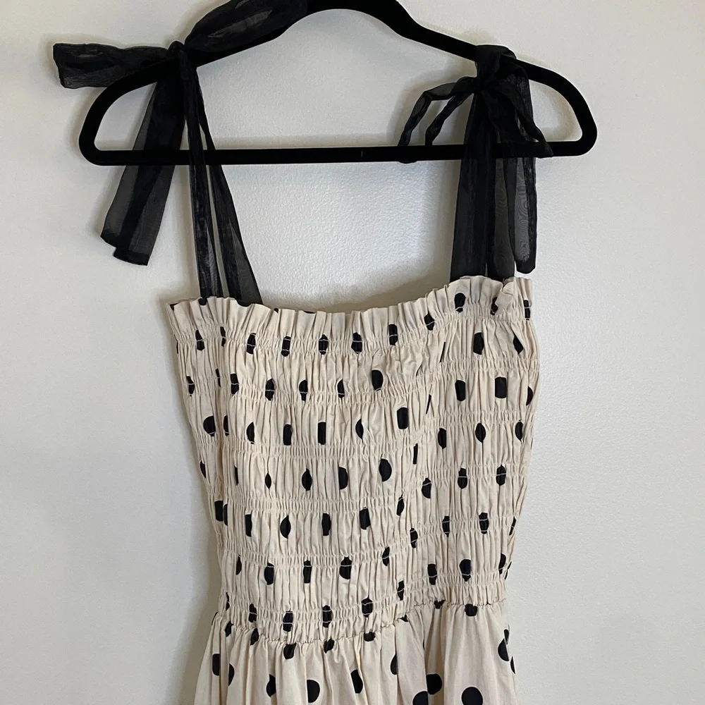 En Saison Black and Cream Polka Dot Midi Dress Smoked Tiered Cottagecore Large - Picture 2 of 8